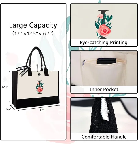 Miniatura 158 de Bolsa de lona con inicial, regalos de cumpleaños personalizados para mujeres, madres, amigas y profesoras, bolsas de mano con monograma adecuadas