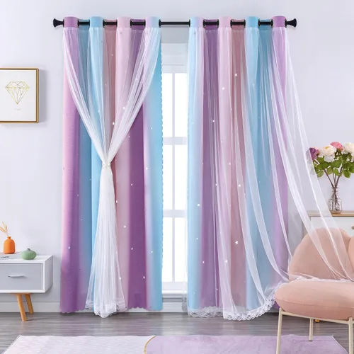 Miniatura 28 de XiDi Cortinas opacas con estrellas para habitaciones de niños, cortinas verdes para ventana de dormitorio de niños, azul y gris, 52 pulgadas de Azul