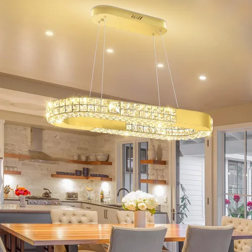 Miniatura 10 de Candelabro LED de anillo dorado para sala de estar, comedor y dormitorio, lámparas de cristal modernas, iluminación colgante, lámparas ajustables
