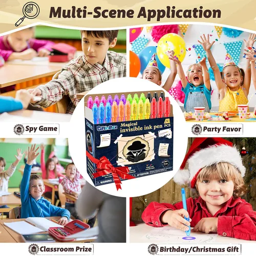 Miniatura 7 de Bolígrafos de tinta invisible GIFTINBOX con luz UV para niños, bolígrafos espía para regalos de fiesta para niños de 8 a 12, paquete de 24