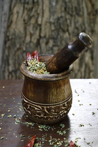 Miniatura 7 de Molinillo de especias de mortero y mortero hecho a mano de madera Okhli para hierbas, guacamole, pesto y especias, juego de mortero y mortero