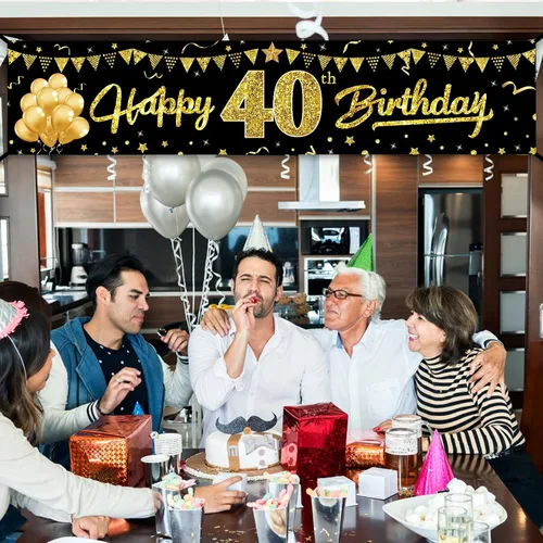 Miniatura 3 de Cartel decorativo de cumpleaños número 40 para hombres y mujeres, suministros de fiesta de letrero negro y dorado de 40 años, decoración de fiesta