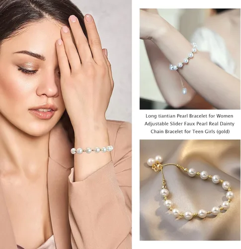 Miniatura 5 de Long tiantian Pulsera de perlas para mujer, ajustable, con perlas sintéticas, auténticas, delicadas, para adolescentes y niñas