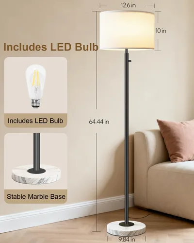Miniatura 2 de Lámparas de pie para sala de estar, bombilla LED incluida, lámpara de pie regulable con pantalla de lino, lámpara de pie moderna con base de mármol