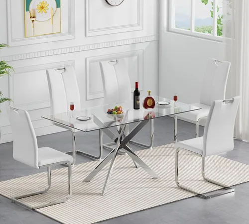 Miniatura 31 de Juego de mesa de comedor redonda de 3 piezas para 2, mesa de cocina moderna de vidrio plateado y sillas para 2 con sillas tapizadas, juego de mesa