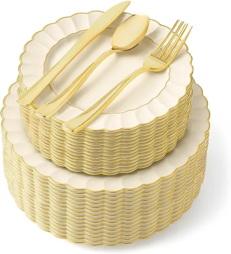 Miniatura 12 de Platos de plástico elegantes desechables de 125 piezas en blanco, azul y dorado con cubiertos, vajilla elegante para bodas, fiestas navideñas, juego