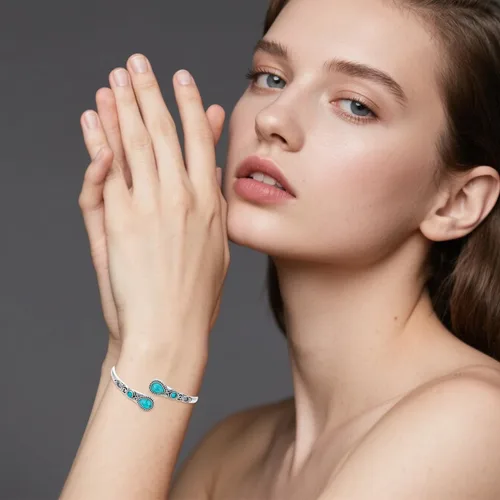 Miniatura 2 de Pulsera de turquesa para mujer, plata de ley 925, turquesa auténtica, pulsera abierta, ajustable, apilable, vintage, piedra natural, regalos