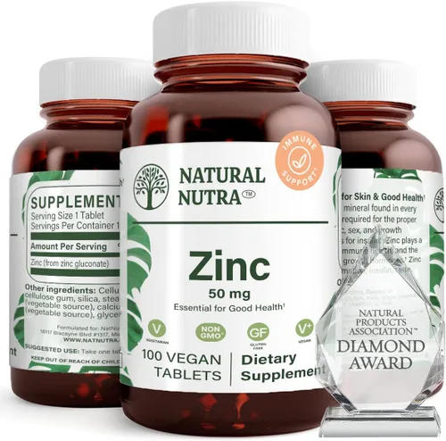 Natural Nutra Suplemento de gluconato de zinc de 50 mg para apoyo inmunológico, piel, mejora el sabor y el olor, sin gluten, 50 mg, 100 tabletas