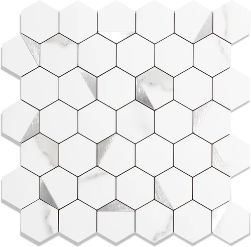 10 hojas de azulejos para despegar y pegar para salpicaduras de cocina, azulejo hexagonal de 31.5 x 29.3 cm, mármol blanco, mezcla de metal Mármol