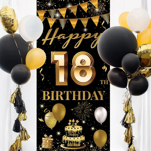 Miniatura 5 de Cartel de puerta de fiesta de cumpleaños número 18, decoración de feliz cumpleaños 18 para niñas y niños, telón de fondo negro dorado para fotos