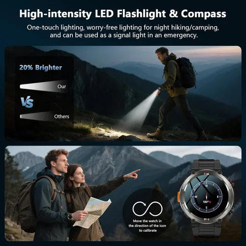 Miniatura 10 de IOWODO Reloj inteligente militar para hombre, batería de 100 días de duración, rastreador de actividad física con linterna LED / brújula, monitor