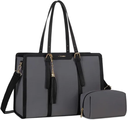 Miniatura 22 de LOVEVOOK Bolsa para laptop para mujer, bolsa de lona ligera de 15.6 pulgadas, bolsa grande para computadora, con bolso de mano, para negocios, Beige