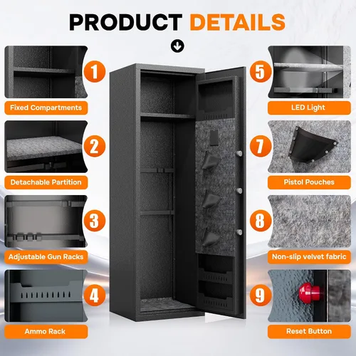 Miniatura 6 de [No requiere montaje] Caja fuerte para armas 8-12 para rifles y pistolas, bloqueo biométrico de huellas dactilares y teclado, caja fuerte