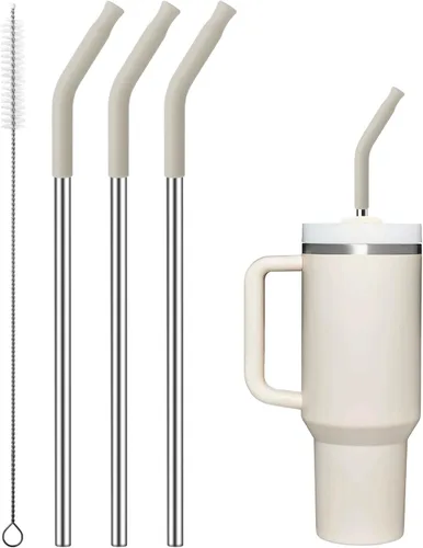 Pajitas de metal rectas para vaso Stanley de 40 onzas, paquete de 3 popotes reutilizables de acero inoxidable con puntas de silicona y cepillo Gris