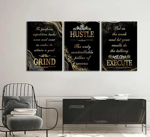 Miniatura 3 de 3 piezas de lienzo inspirador de oro negro para oficina, arte de pared, motivacional, moler ajetreo, ejecución, fotos inspiradoras, decoración