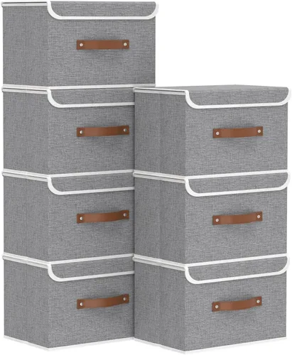 Miniatura 23 de Yawinhe SNK024BEN-1 Cajas de almacenamiento plegables, cestas apilables de tela de lino, contenedor con tapa y asa de cuero, lavable, para el hogar