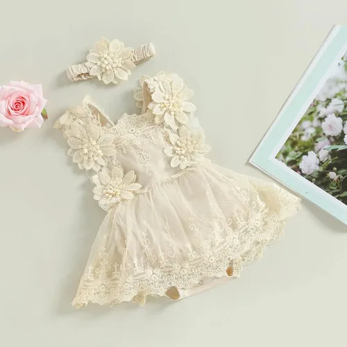 Miniatura 16 de Mubineo Ropa de verano para bebé niña, sin mangas, encaje floral, vestido de mameluco para recién nacido