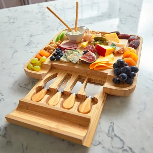 Miniatura 5 de RoyalHouse Juego de tabla de queso de bambú y cuchillos con cajón deslizante para cubiertos, juego de tablas de charcutería y plato de queso