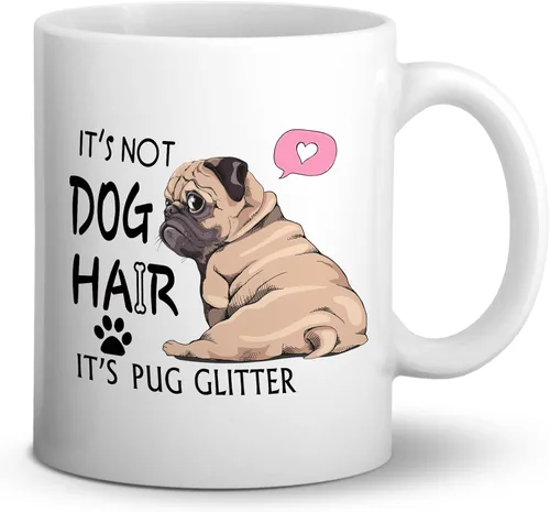 DOTAIN Taza de café divertida con purpurina «It's Not Dog Hair It's Pug It», taza de cerámica de doble cara de 11 onzas para café, té, leche, regalo