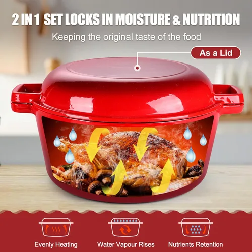 Miniatura 5 de P&P CHEF Olla de horno holandés de 5 cuartos de galón para hornear pan (Rojo), juego de olla y sartén de hierro fundido redondo con tapa 2 en 1