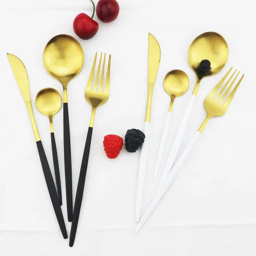 Miniatura 2 de JASHII Juego de cubiertos de 24 piezas con piezas de servir, utensilios de acero inoxidable, incluye cuchillo, tenedor/cuchara, acabado mate, apto
