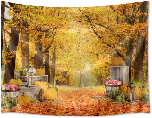 Miniatura 4 de HVEST Tapiz de hojas de arce otoñales para colgar en la pared, hojas de arce caídas, bosque y calabaza, tapiz para colgar en la pared, tapiz
