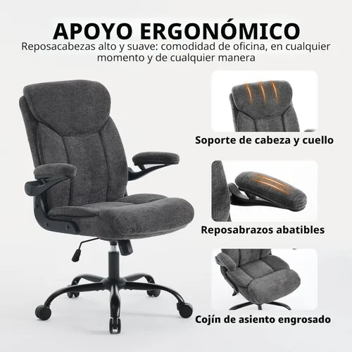 Miniatura 4 de Silla ergonómica de escritorio para oficina en casa, silla ejecutiva de tela cómoda con reposabrazos abatibles, silla de computadora de altura Gris