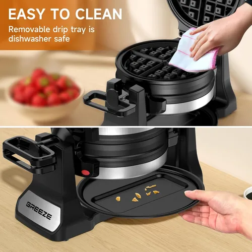 Miniatura 7 de Waflera, Waflera Belga Doble con Giro de 180°, Plancha para Wafles de 1400W para 8 Rebanadas, Placas Giratorias y Antiadherentes con Bandeja