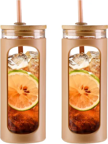 Miniatura 21 de Kodrine Vaso para agua de vidrio de 20 onzas con popote y tapa, botella de agua con tapas de bambú, taza para café helado, reutilizable, boca ancha