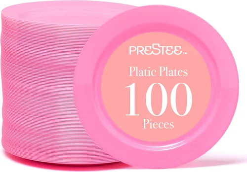 Prestee Platos de plástico rosa de 6.25 pulgadas, paquete de 100 platos desechables para fiestas, bodas, eventos, fiestas, elegantes platos de