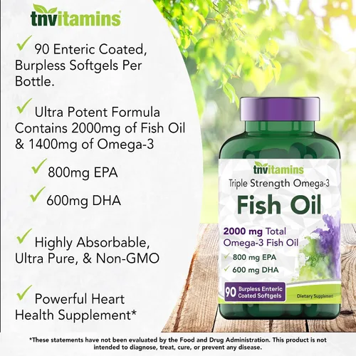 Miniatura 4 de tnvitamins Aceite de pescado omega-3 sin eructos: 2000 mg - 90 cápsulas blandas 1400 mg de ácidos grasos omega-3 totales (800 mg EPA y 600 mg DHA)
