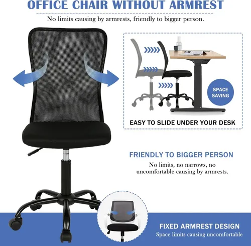 Miniatura 6 de Silla de oficina pequeña, silla de escritorio sin brazos con ruedas, silla ergonómica para computadora con soporte lumbar, silla giratoria de malla
