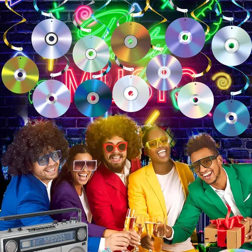 Miniatura 6 de 24 espirales colgantes de fiesta de los años 90, decoración retro de CD con temática de música, serpentinas de techo para fiestas de cumpleaños