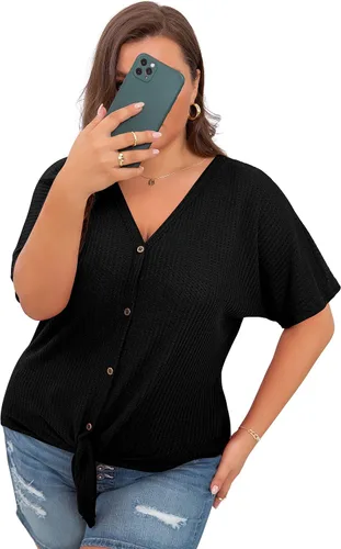 Miniatura 6 de OLRIK Blusa de manga corta con cuello en V para mujer, de punto gofre, con lazo frontal y botones