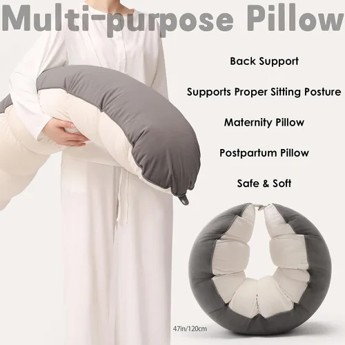Miniatura 6 de Peallow(Pat. Pend) - Almohada larga redonda para adultos, almohada de apoyo suave y de apoyo para dormir y soporte lumbar (gris-blanco, 47 pulgadas)