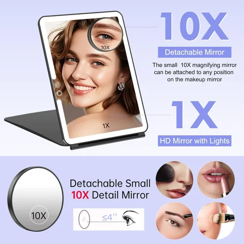 Miniatura 4 de FUNTOUCH Espejo de maquillaje de viaje grande portátil de 10 x 7.5 pulgadas con luz, 2500 mAh recargable iluminado espejo de maquillaje de viaje