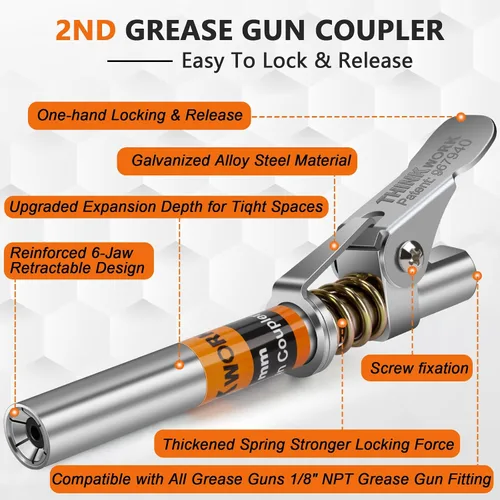 Miniatura 5 de THINKWORK Acoplador de pistola engrasadora de 2 piezas, puntas de pistola engrasadora de 0.53", acoplador de grasa con bloqueo fuerte y alcance