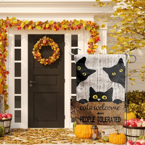Miniatura 7 de Bandera de jardín de gato negro Bandera de gatos Bandera de bienvenida para personas toleradas Bandera de Halloween para exteriores de 12 x 18