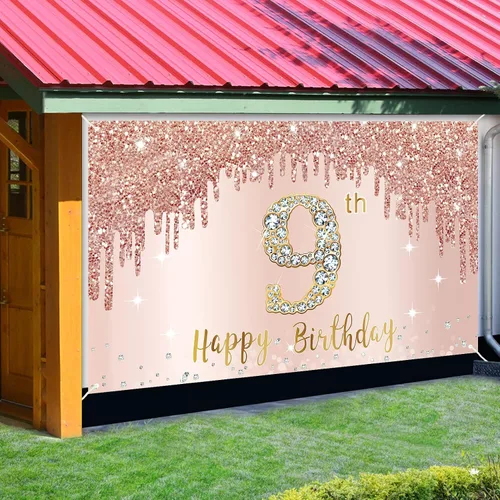 Miniatura 3 de Cartel de feliz 9º cumpleaños para niñas, suministros de fiesta de noveno año de oro rosa, cartel rosa de 9 años, decoración de cabina de fotos