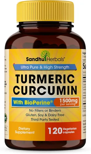 SANDHUHERBALS Curcumina de cúrcuma orgánica 120 cápsulas con suplemento de extracto de pimienta negra bioperina | 1500 mg con 95% de curcuminoides |