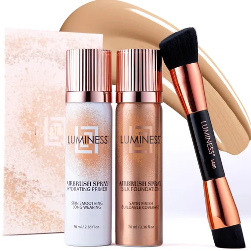 Miniatura 10 de LUMINESS Silk Airbrush Spray Foundation Kit de 3 piezas – base, prebase y brocha de maquillaje en ángulo de doble cara – Cobertura modulable