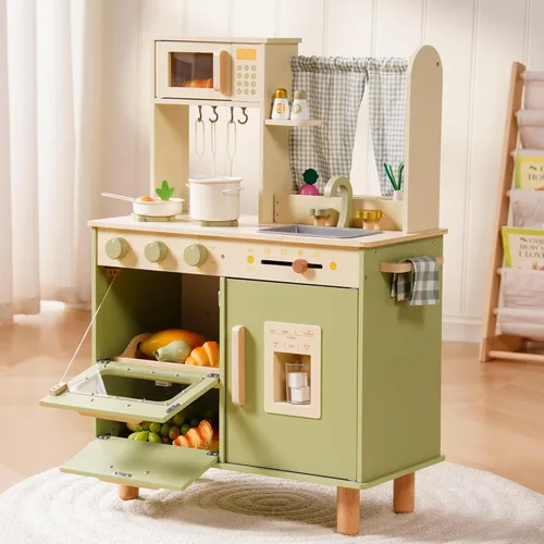Miniatura 10 de ROBOTIME Juego de cocina de madera para niños, cocina de simulación para niños pequeños con microondas, fregadero, estufa y máquina de hielo, juego