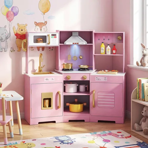 Miniatura 14 de HONEY JOY Cocina de Jugar de Rincón, Juego de Cocina de Madera para Niños Pequeños con Luces, Cafetera, Microondas, Fregadero, Grifo, Juego