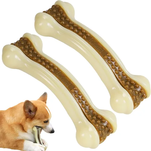 Miniatura 9 de Juguetes para perros para masticadores agresivos, paquete de 2 huesos duraderos de nailon para perros con sabor a carne real para razas grandes
