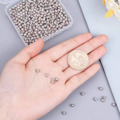 Miniatura 2 de PH PandaHall 750 cuentas espaciadoras de linterna, cuentas de barril de plata antigua de 0.157 pulgadas (0.157 in), aleación tibetana, cuentas