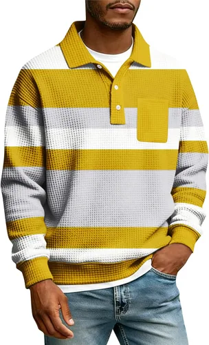 Miniatura 35 de Camisas de manga larga con botones a cuadros para hombre, con cuello de manga larga, estilo casual, elegante, a cuadros 2- amarillo