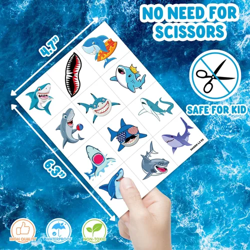 Miniatura 5 de 60 tatuajes temporales de tiburón para niños, calcomanías de tatuaje falsas precortadas para niños y niñas, temática de océano bajo el mar