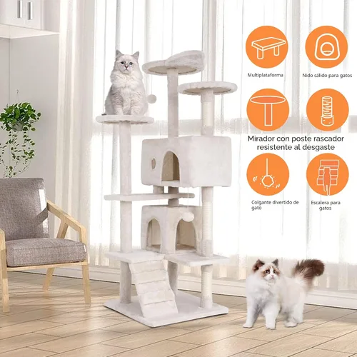 Miniatura 5 de BestPet Torre para Gatos de 54" Beige Resistente, Fácil de Ensamblar, Centro de Actividades Multinivel con Postes Rascadores de Sisal, Condos