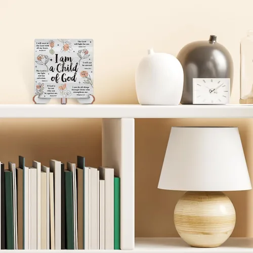 Miniatura 4 de Decoración de Escritorio Cristiana Inspiradora Letrero de Madera Versículo Religioso de la Biblia Placa Decorativa con Soporte de Madera para Hogar