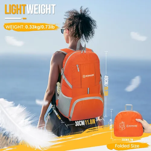 Miniatura 2 de ZOMAKE Mochila Empacable Ligera de 35L, Mochilas Plegables Ligeras Resistentes al Agua Bolsa de Senderismo Plegable, Paquete de Día Plegable Naranja